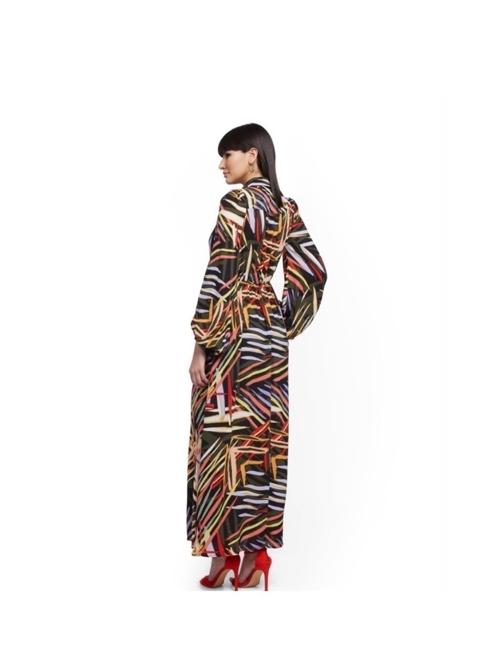 NY&C (New York & Company) Abstract Tie Waist Maxi Dress - Black Multi